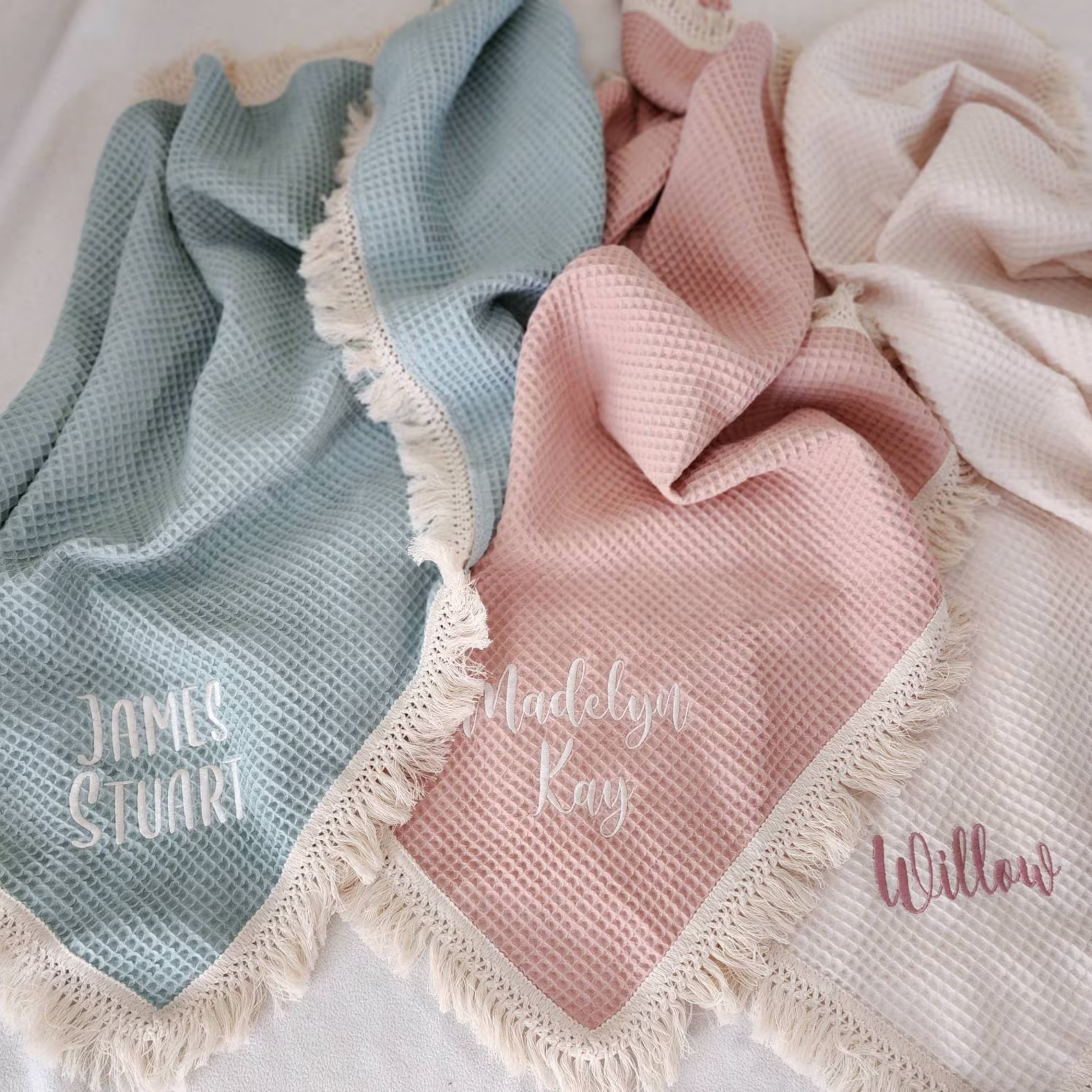 Personalized Embroidered Waffle Tassel Blanket for Comfort & Unique| CWBaby47