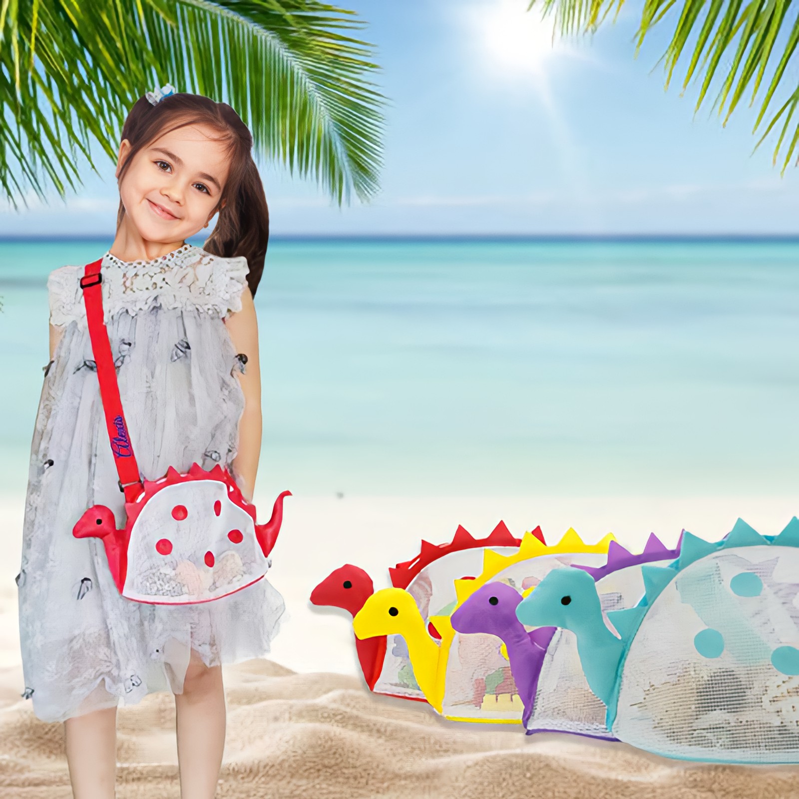 Personalized Dinosaur Seashell Zipper Mesh Beach Bag | CWBeach97