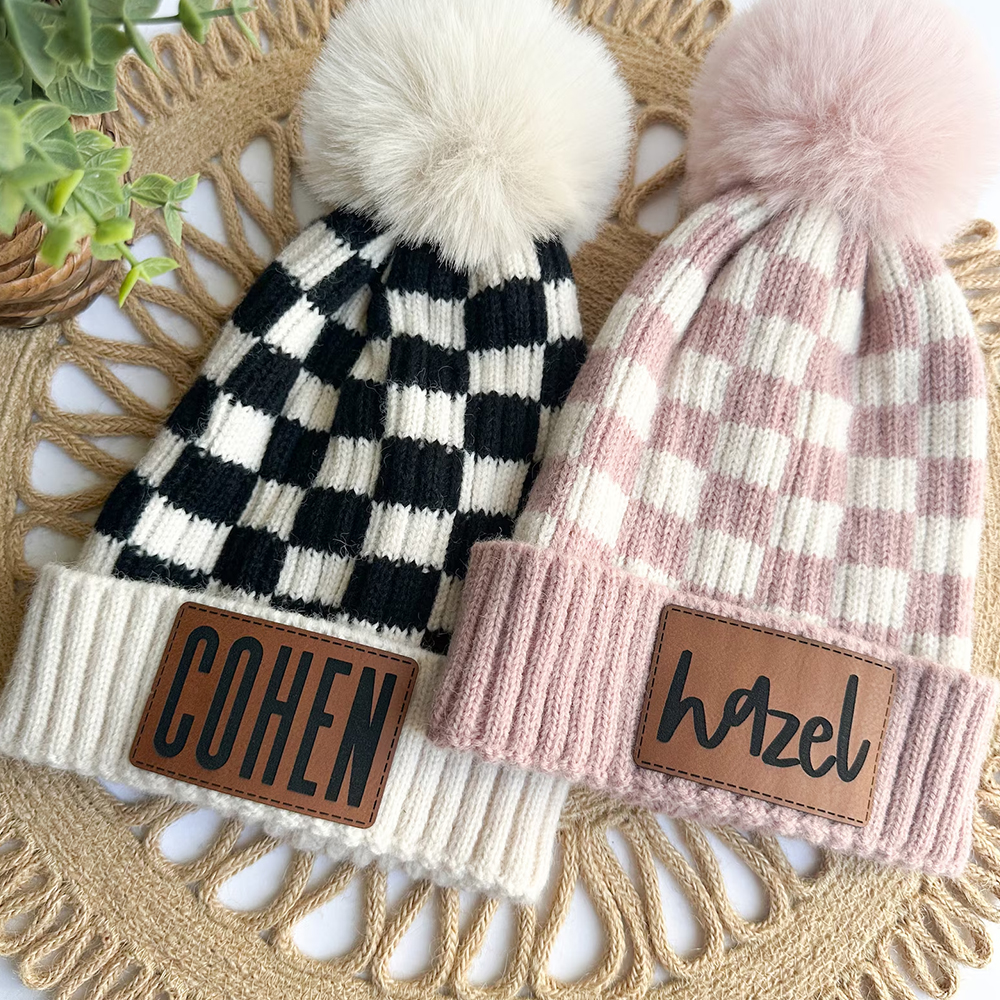 Personalized Leather Patch Pom Pom Beanie for Comfort & Unique | HSKid36