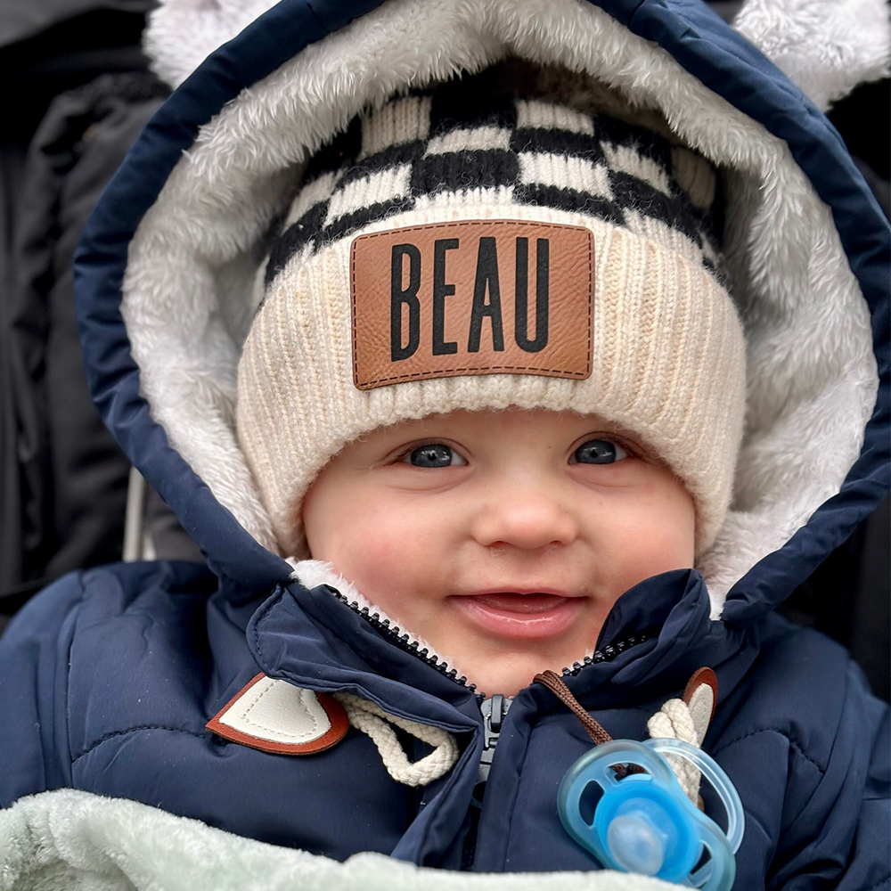 Personalized Leather Patch Pom Pom Beanie for Comfort & Unique | HSKid36