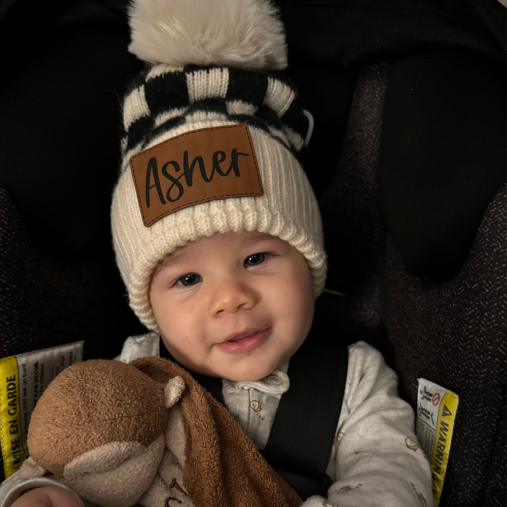 Personalized Leather Patch Pom Pom Beanie for Comfort & Unique | HSKid36