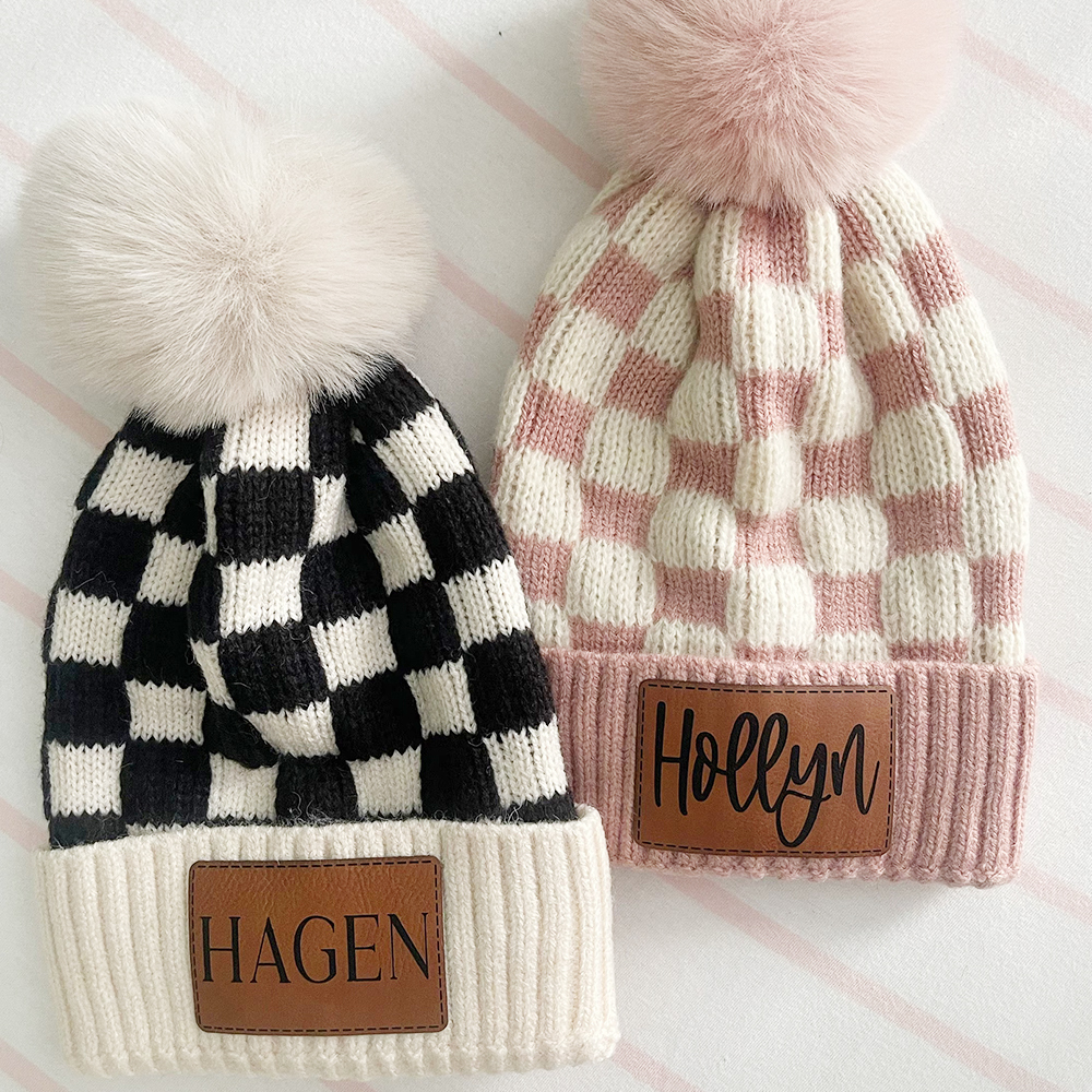 Personalized Leather Patch Pom Pom Beanie for Comfort & Unique | HSKid36