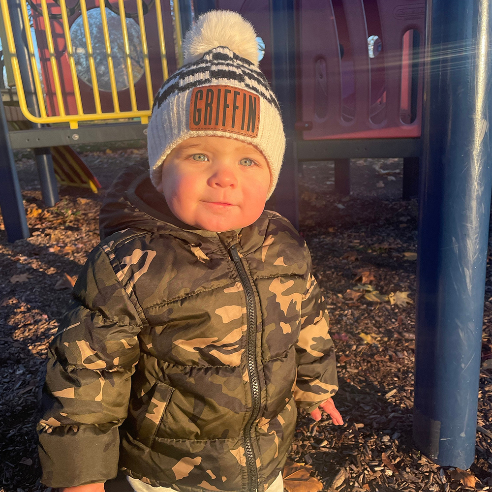 Personalized Leather Patch Pom Pom Beanie for Comfort & Unique | HSKid36