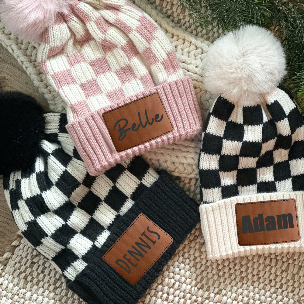 Personalized Leather Patch Pom Pom Beanie for Comfort & Unique | HSKid36