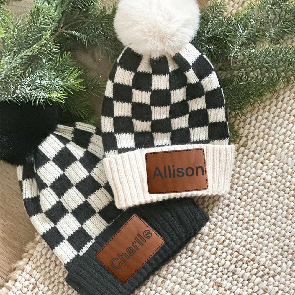 Personalized Leather Patch Pom Pom Beanie for Comfort & Unique | HSKid36