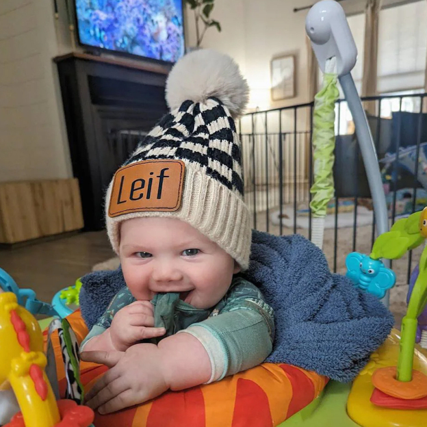 Personalized Leather Patch Pom Pom Beanie for Comfort & Unique | HSKid36