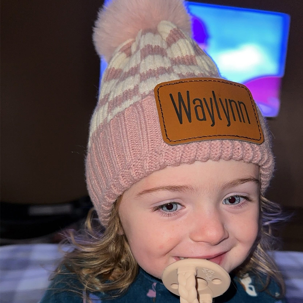 Personalized Leather Patch Pom Pom Beanie for Comfort & Unique | HSKid36