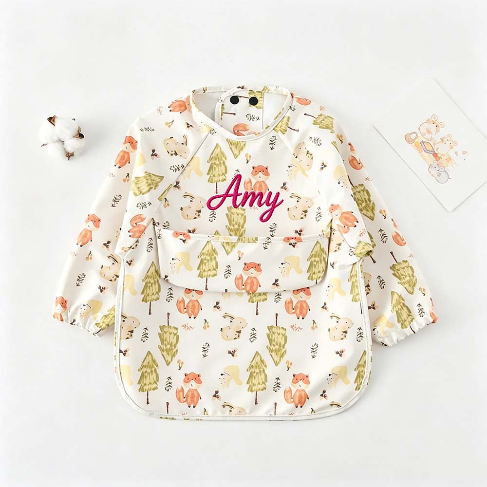 Personalized Embroidered Baby Bib Smock With Sleeves Feeding Cover | CWBaby561