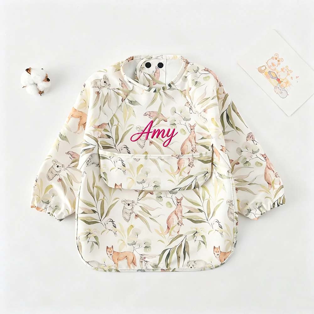 Personalized Embroidered Baby Bib Smock With Sleeves Feeding Cover | CWBaby561