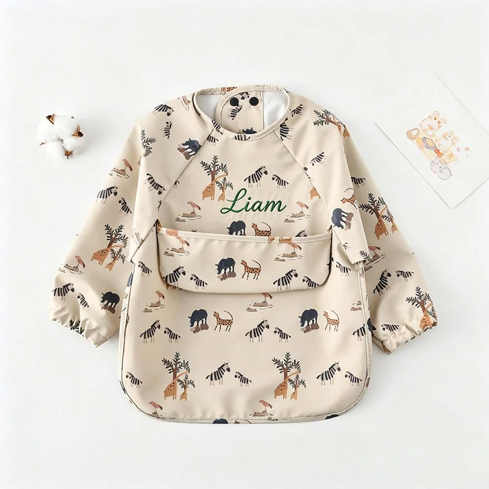 Personalized Embroidered Baby Bib Smock With Sleeves Feeding Cover | CWBaby561