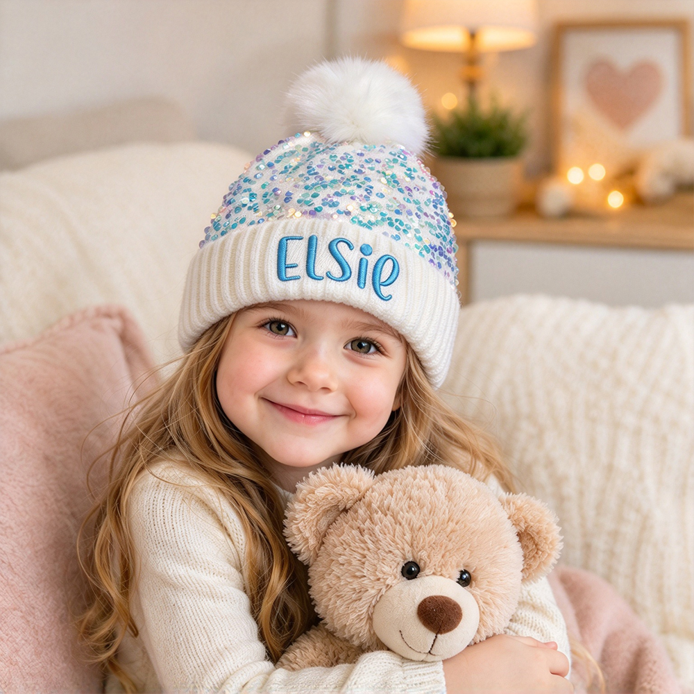 Personalized Embroidered Kids Sequin Pom Pom Hat | MNKid14