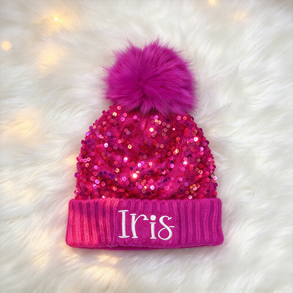 Personalized Embroidered Kids Sequin Pom Pom Hat | MNKid14