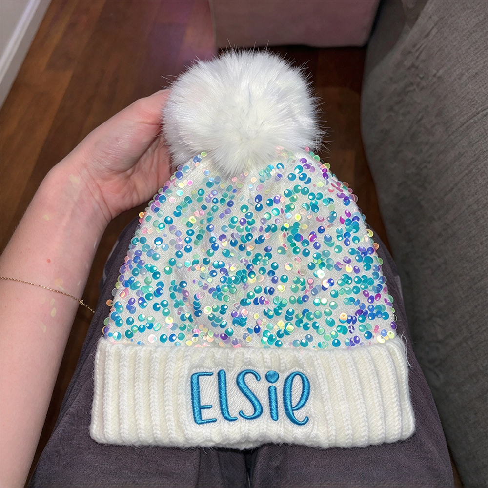 Personalized Embroidered Kids Sequin Pom Pom Hat | MNKid14