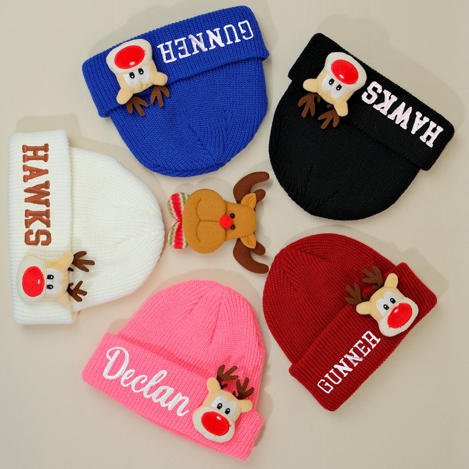 Personalized Embroided Christmas Reindeer Color Beanie | HSKid51
