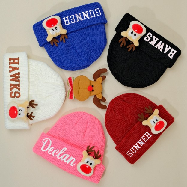Personalized Embroided Christmas Reindeer Color Beanie | HSKid51