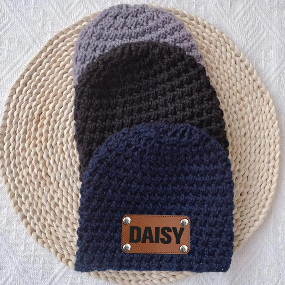 Personalized Leather Patch Baby Winter Warm Knitted Hat | HSKid76