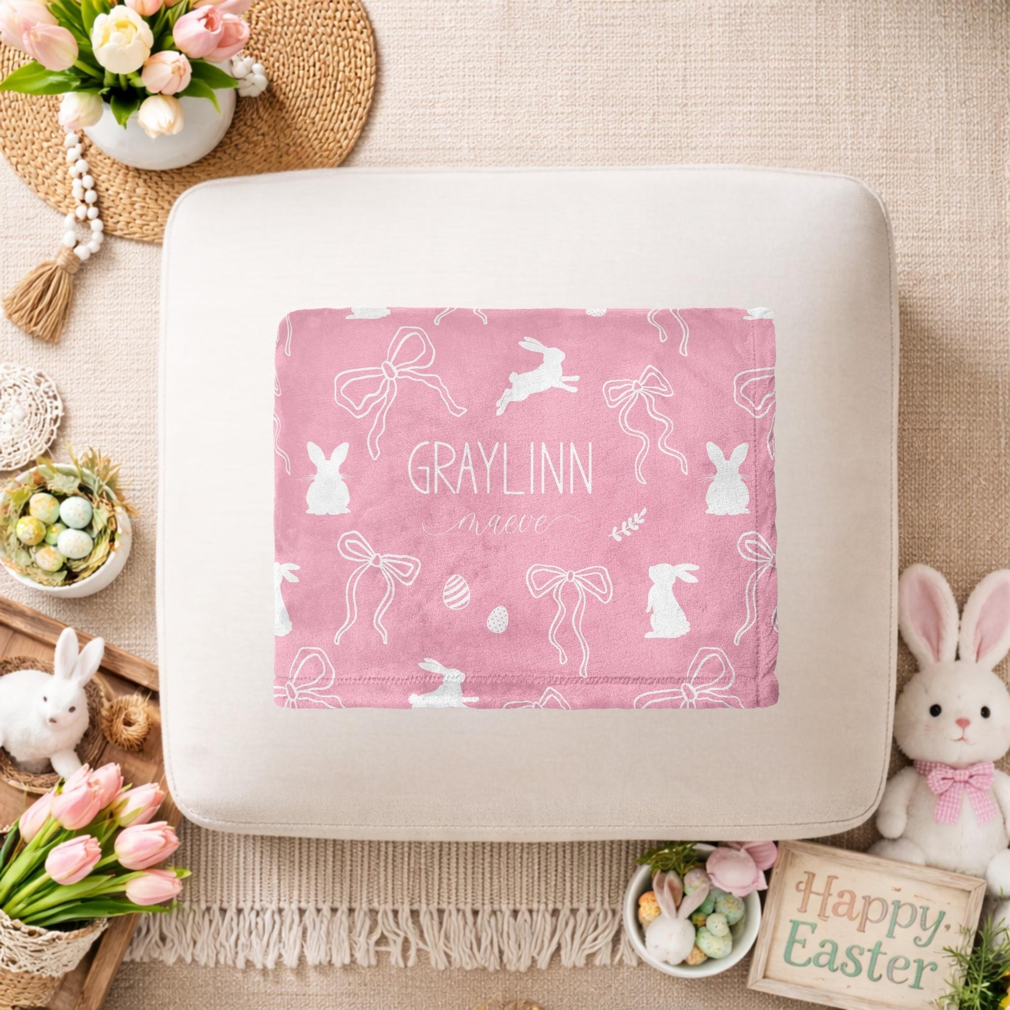 Personalized Bunny Bows Baby Easter Swaddle | BBBlanket36