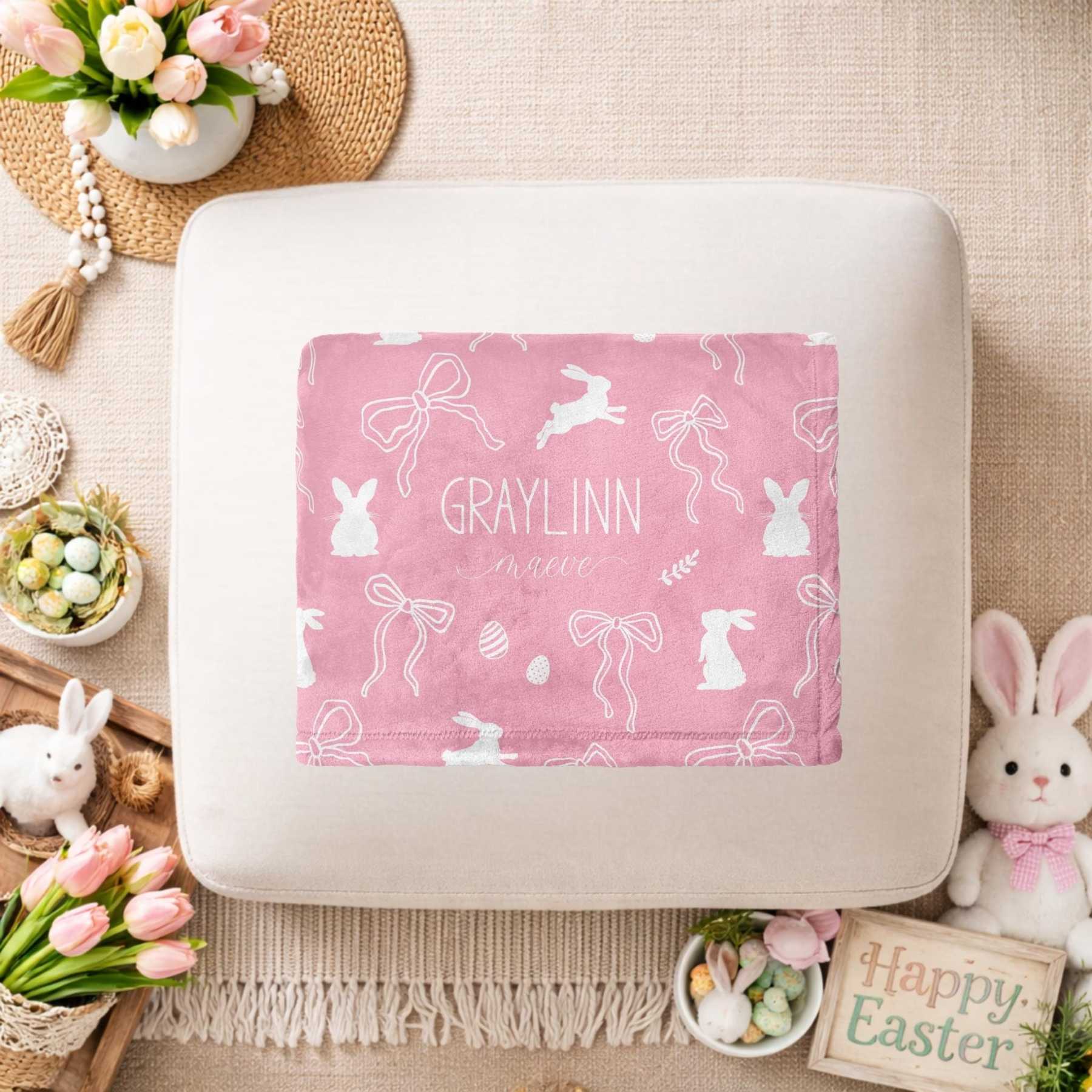 Personalized Bunny Bows Baby Easter Swaddle | BBBlanket36
