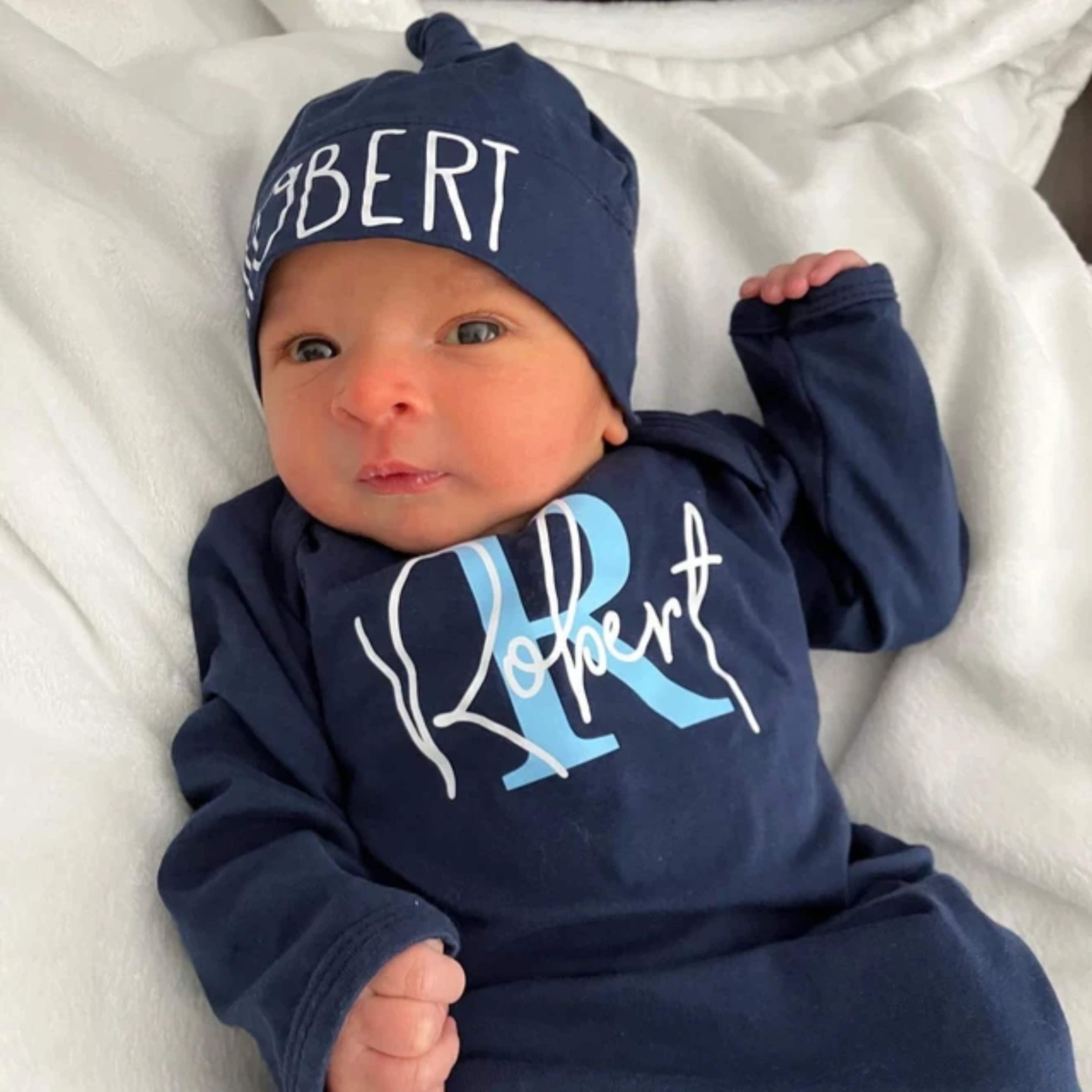 Personalized Cozy Newborn Gown with Knotted Hat | CWbaby33