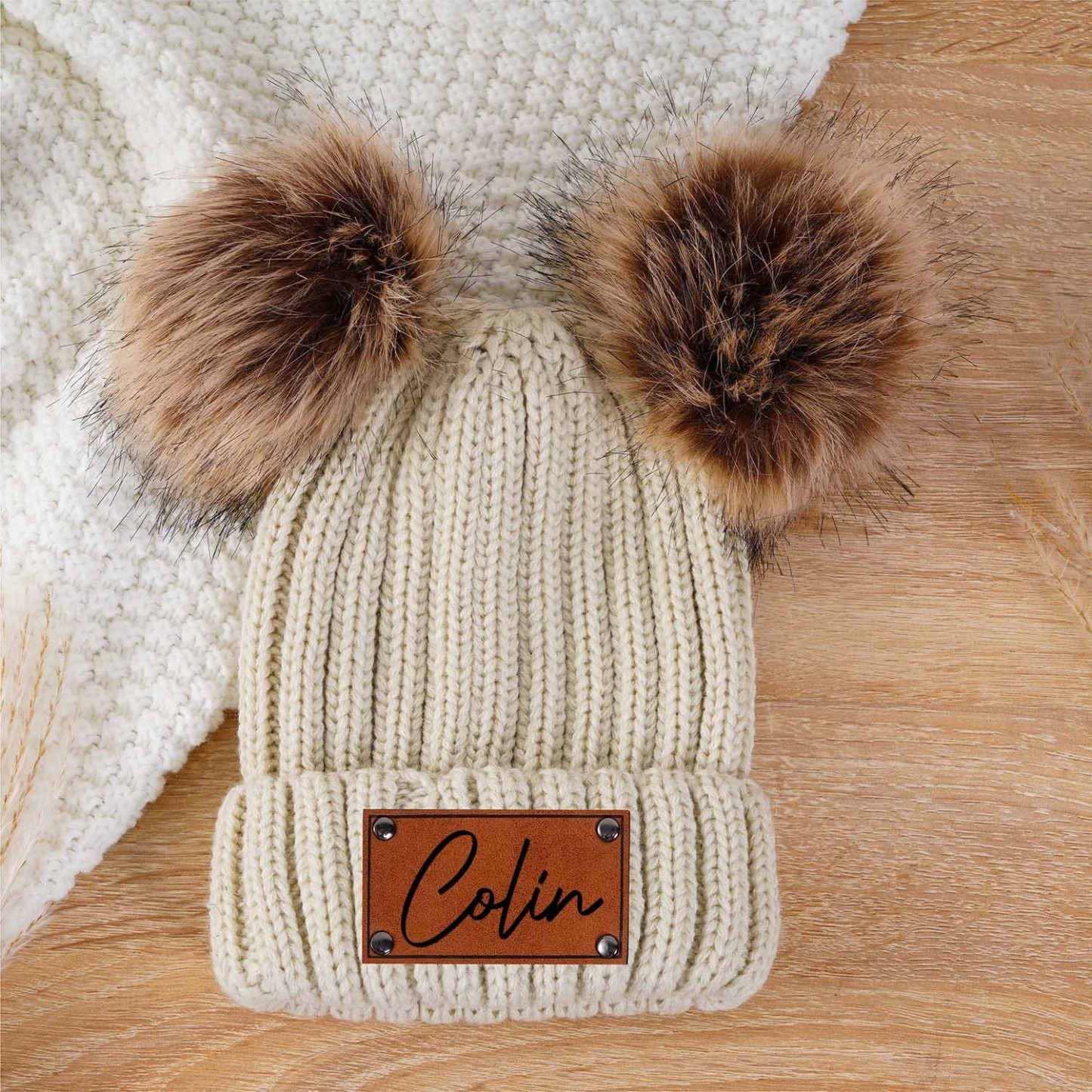 Personalized Leather Patch Pom Pom Hat for Comfort & Unique | HSKid26