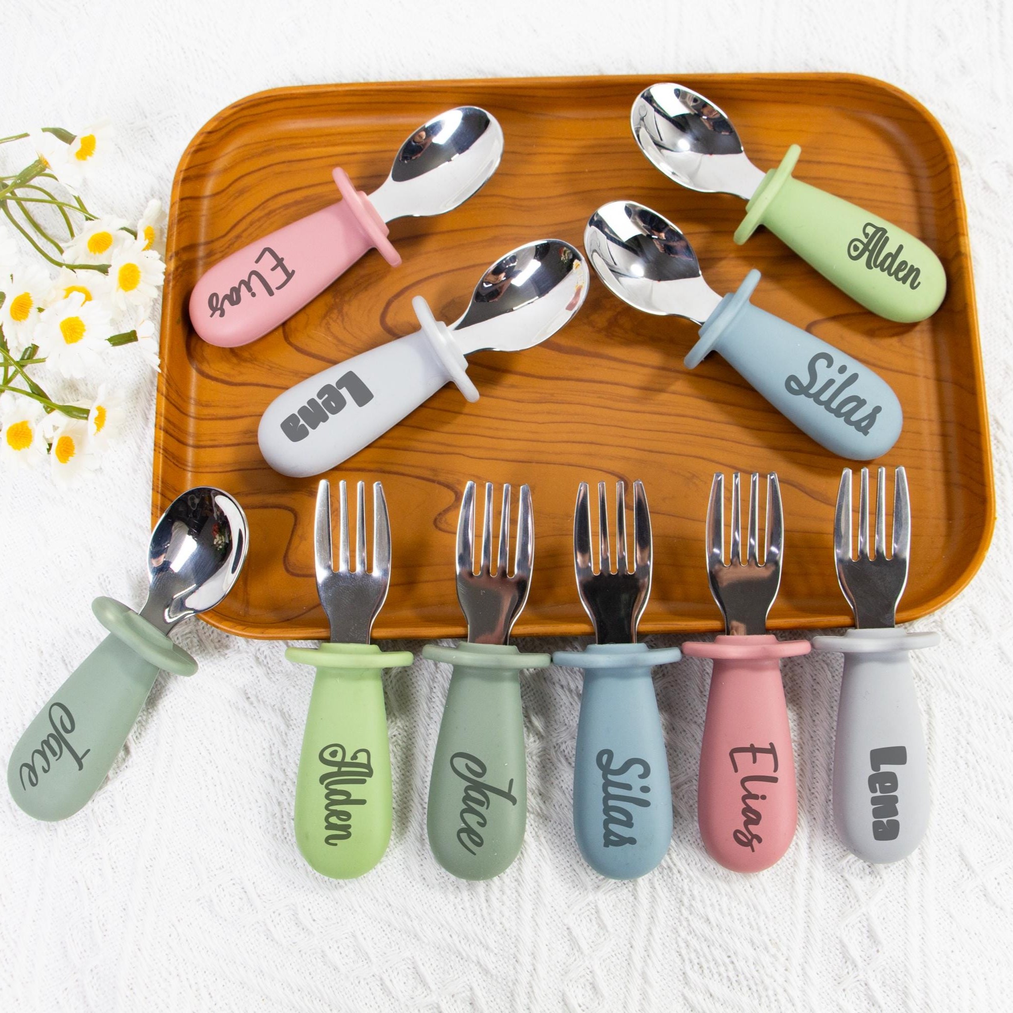 Personalised Kid Silicone Utensil Sets-Fork & Spoon  | CWBaby157