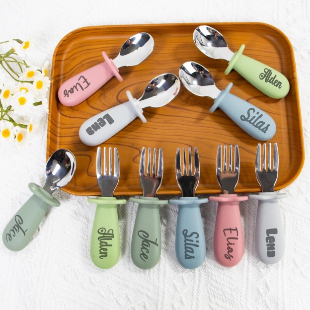 Personalised Kid Silicone Utensil Sets-Fork & Spoon  | CWBaby157