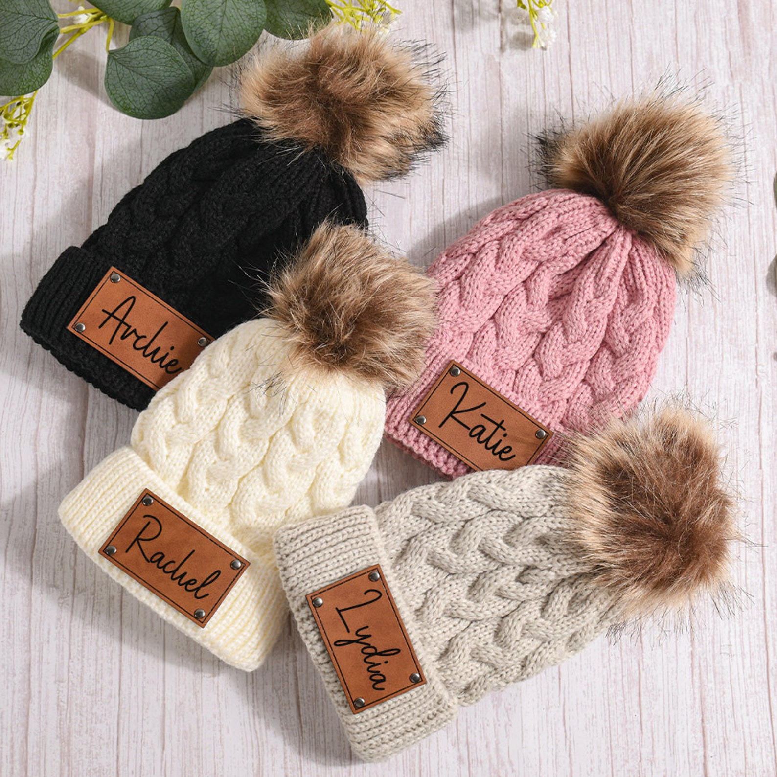 Personalized Leather Patch Pom Pom Hat