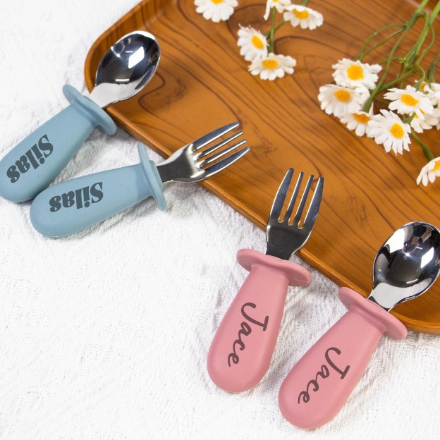 Personalised Kid Silicone Utensil Sets-Fork & Spoon  | CWBaby157