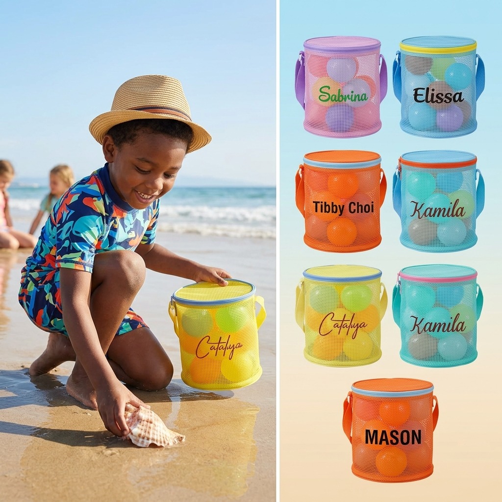 Personalized Embroidery Seashell Zipper Mesh Beach Bucket | CWBeach114