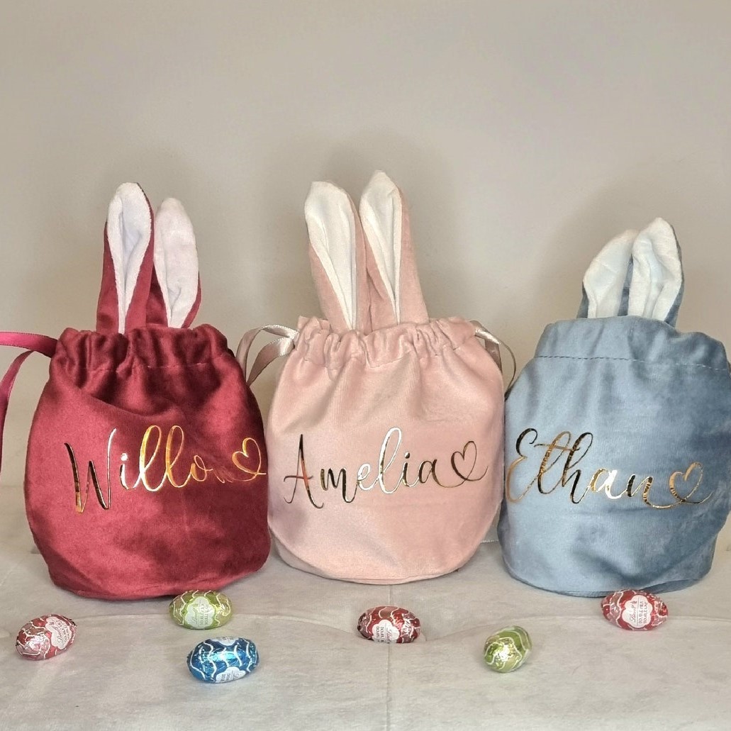 Personalized Foil Stamped Name Easter Bunny Velvet Basket | CWEaster33