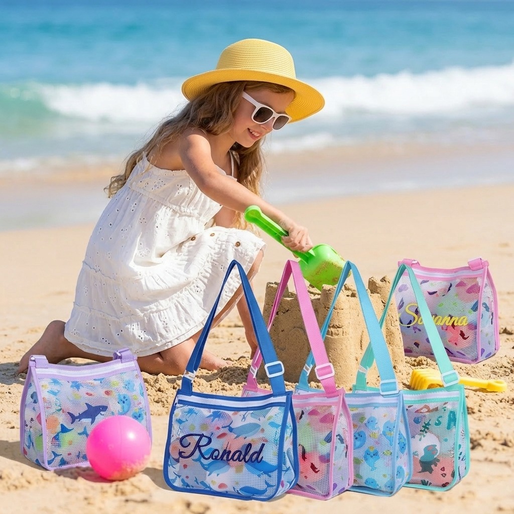 Personalized Embroidery Seashell Zipper Mesh Beach Bag | CWBeach132