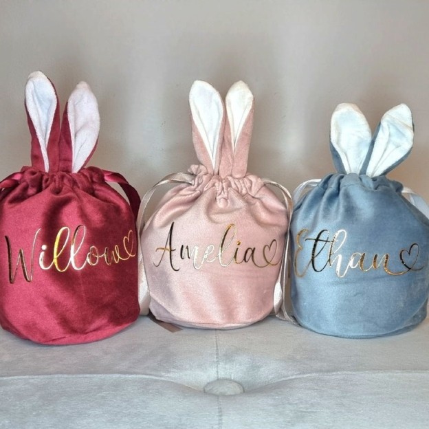 Personalized Foil Stamped Name Easter Bunny Velvet Basket | CWEaster33