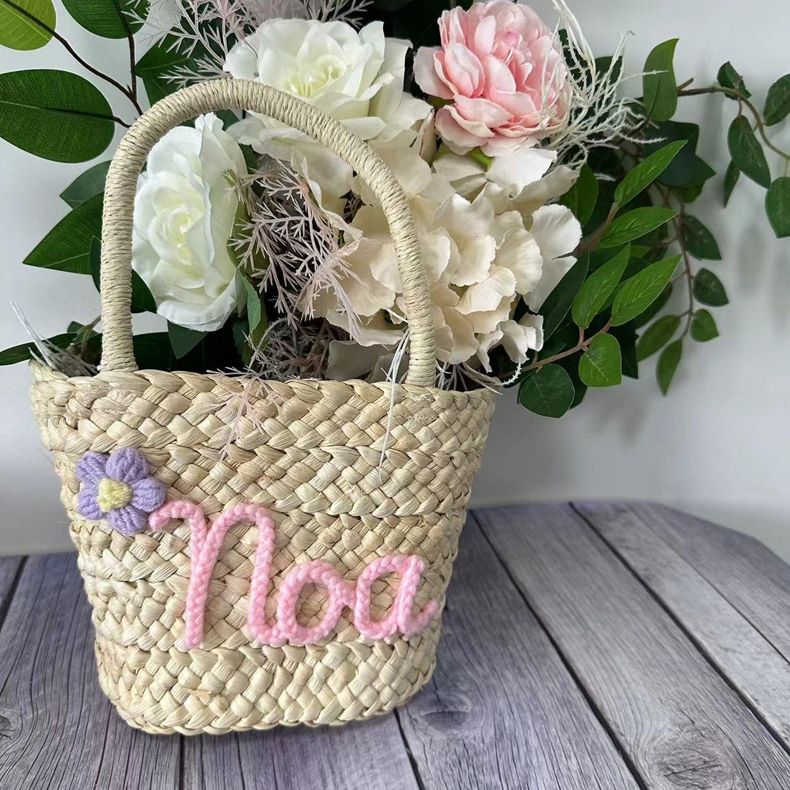 Personalized Knitted Wire Name Floral Straw Beach Bag | CWBeach145