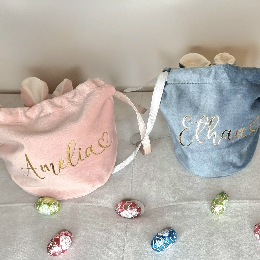 Personalized Foil Stamped Name Easter Bunny Velvet Basket | CWEaster33