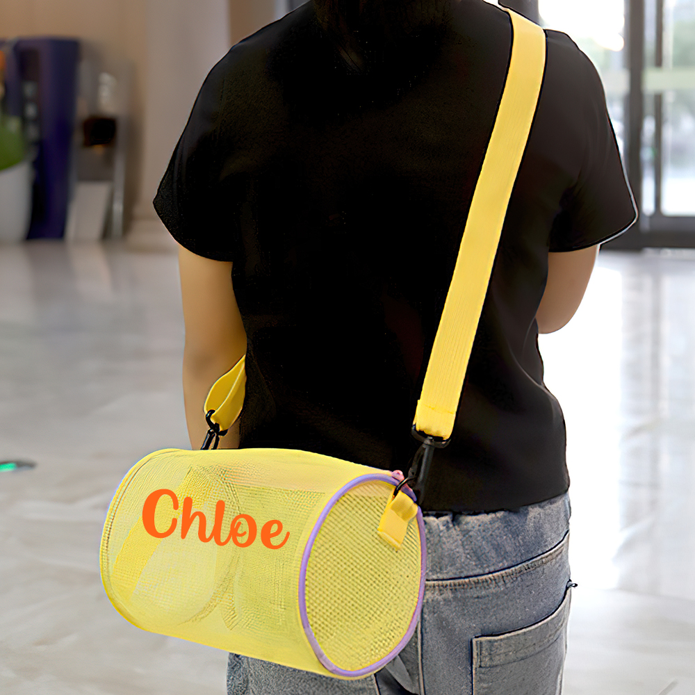 Personalized Cylinder Seashell Zipper Mesh Beach Bag | CWBeach165