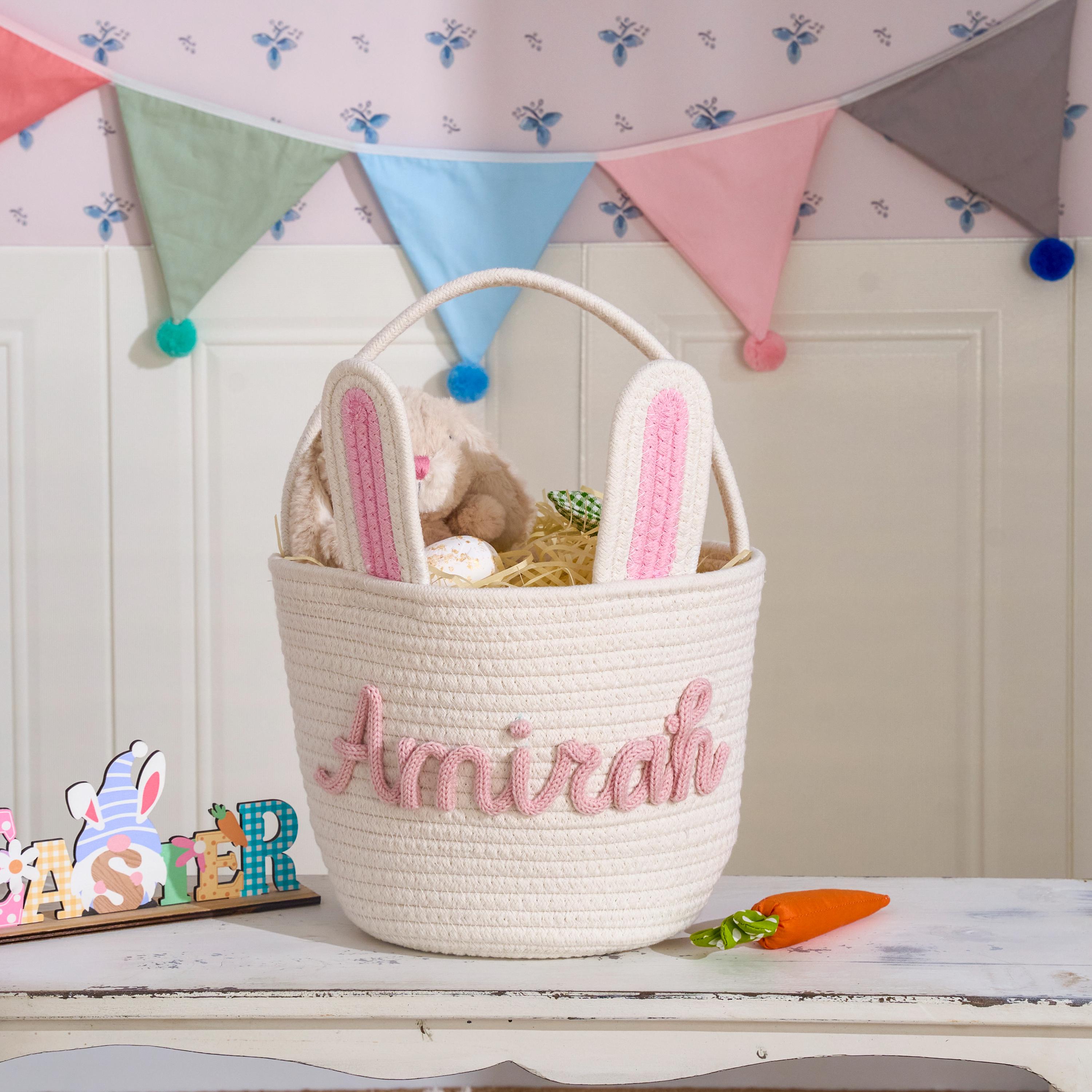 Personalized Hand-embroidered Bunny Easter Basket | CWEaster81