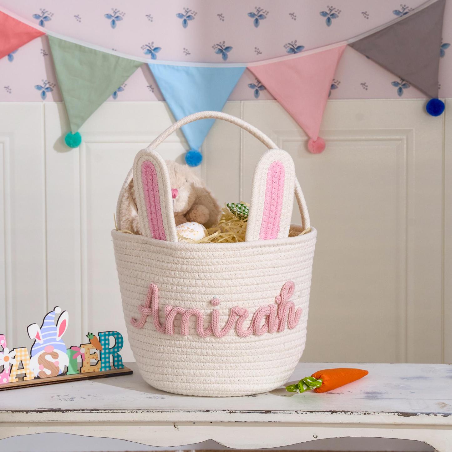 Personalized Hand-embroidered Bunny Easter Basket | CWEaster81