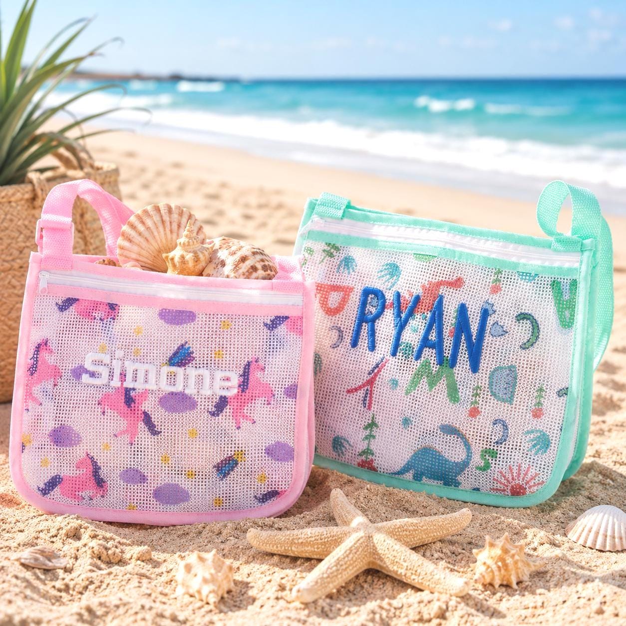 Personalized Embroidery Seashell Zipper Mesh Beach Bag | CWBeach132