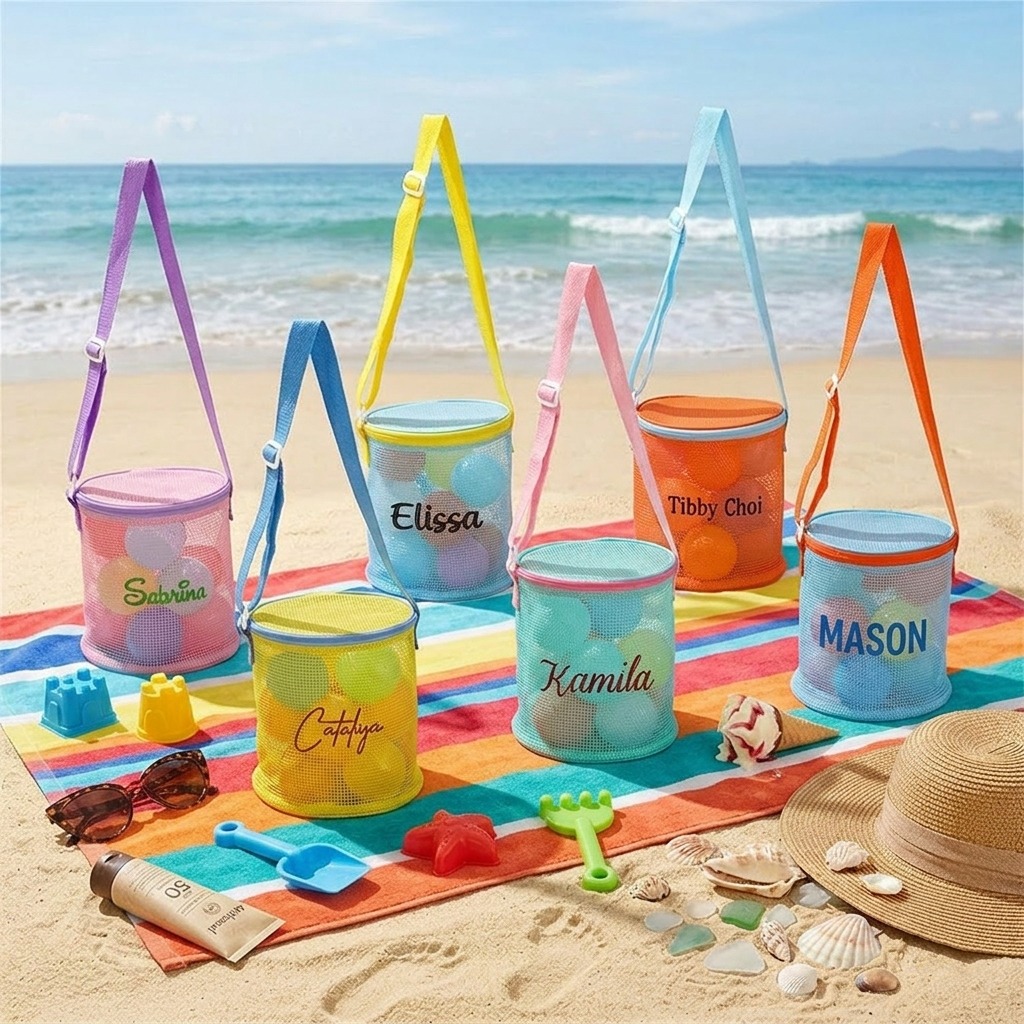 Personalized Embroidery Seashell Zipper Mesh Beach Bucket | CWBeach114