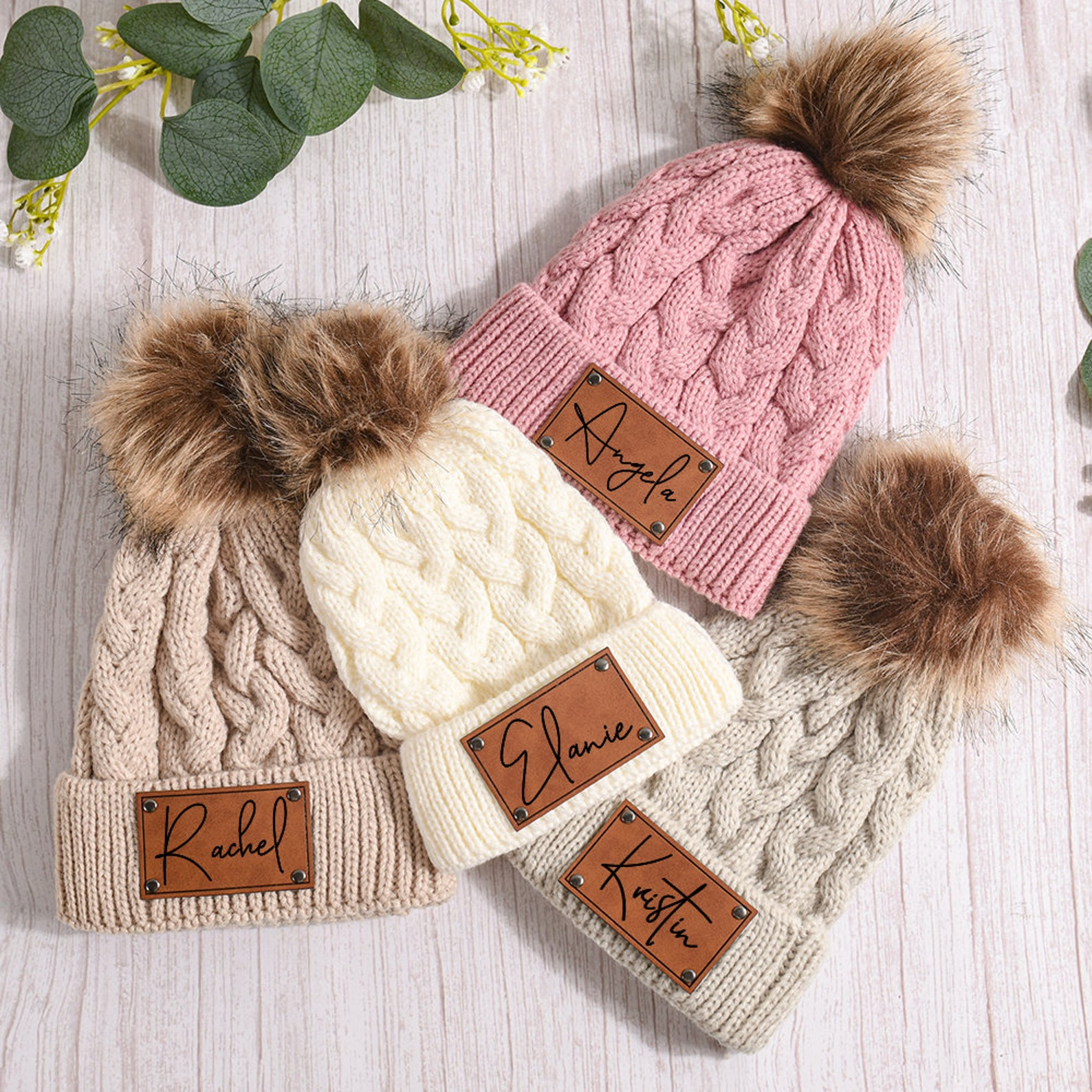 Personalized Leather Patch Pom Pom Hat