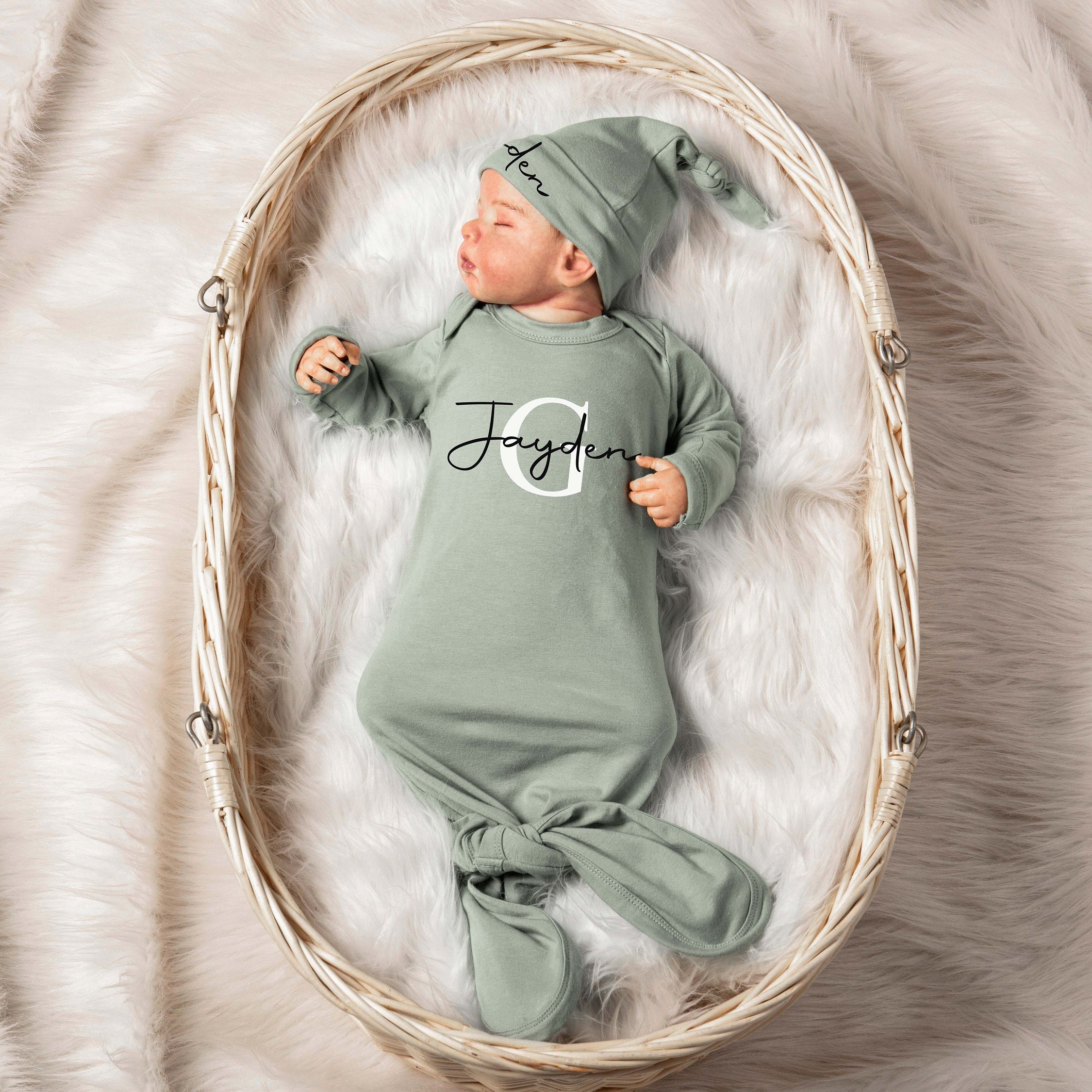 Personalized Cozy Newborn Gown with Knotted Hat | inRomper22