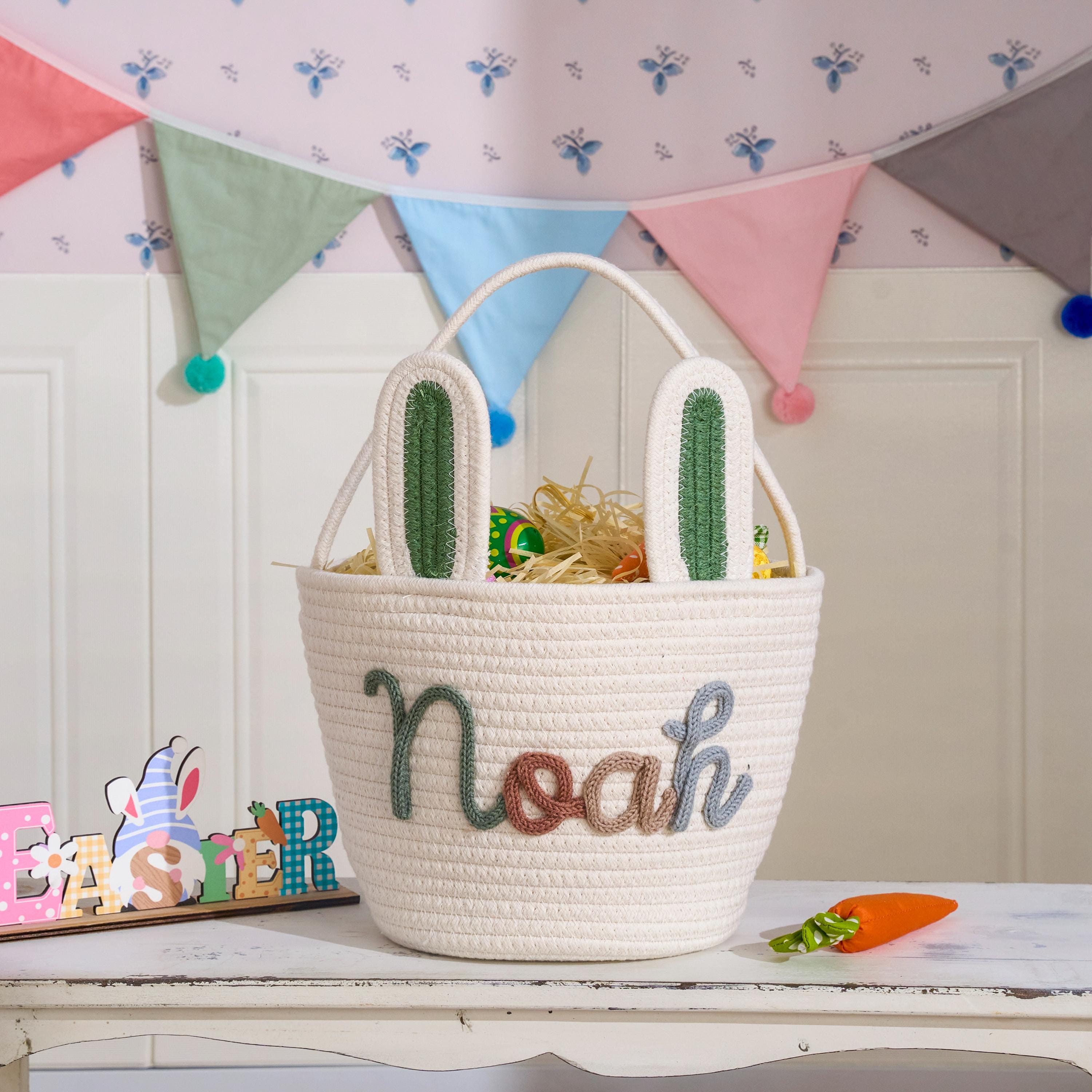 Personalized Hand-embroidered Bunny Easter Basket | CWEaster81