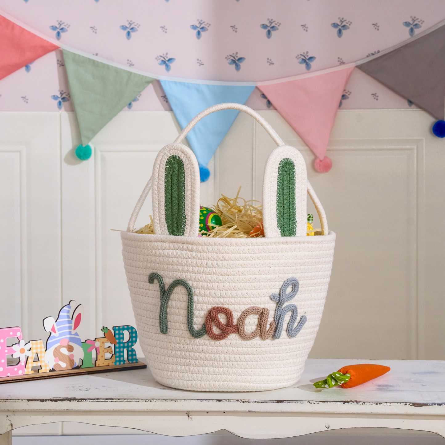 Personalized Hand-embroidered Bunny Easter Basket | CWEaster81