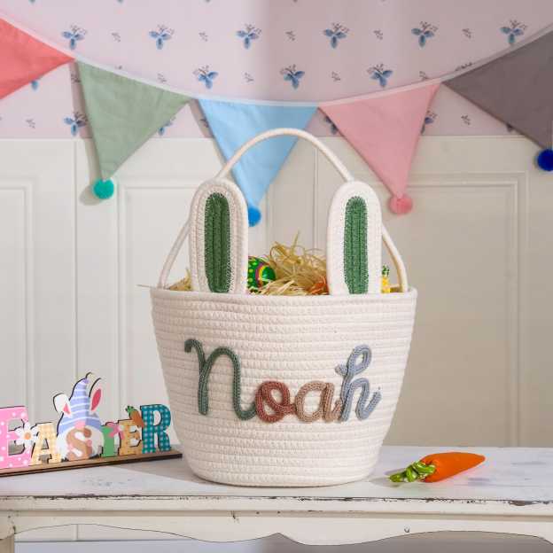 Personalized Hand-embroidered Bunny Easter Basket | CWEaster81