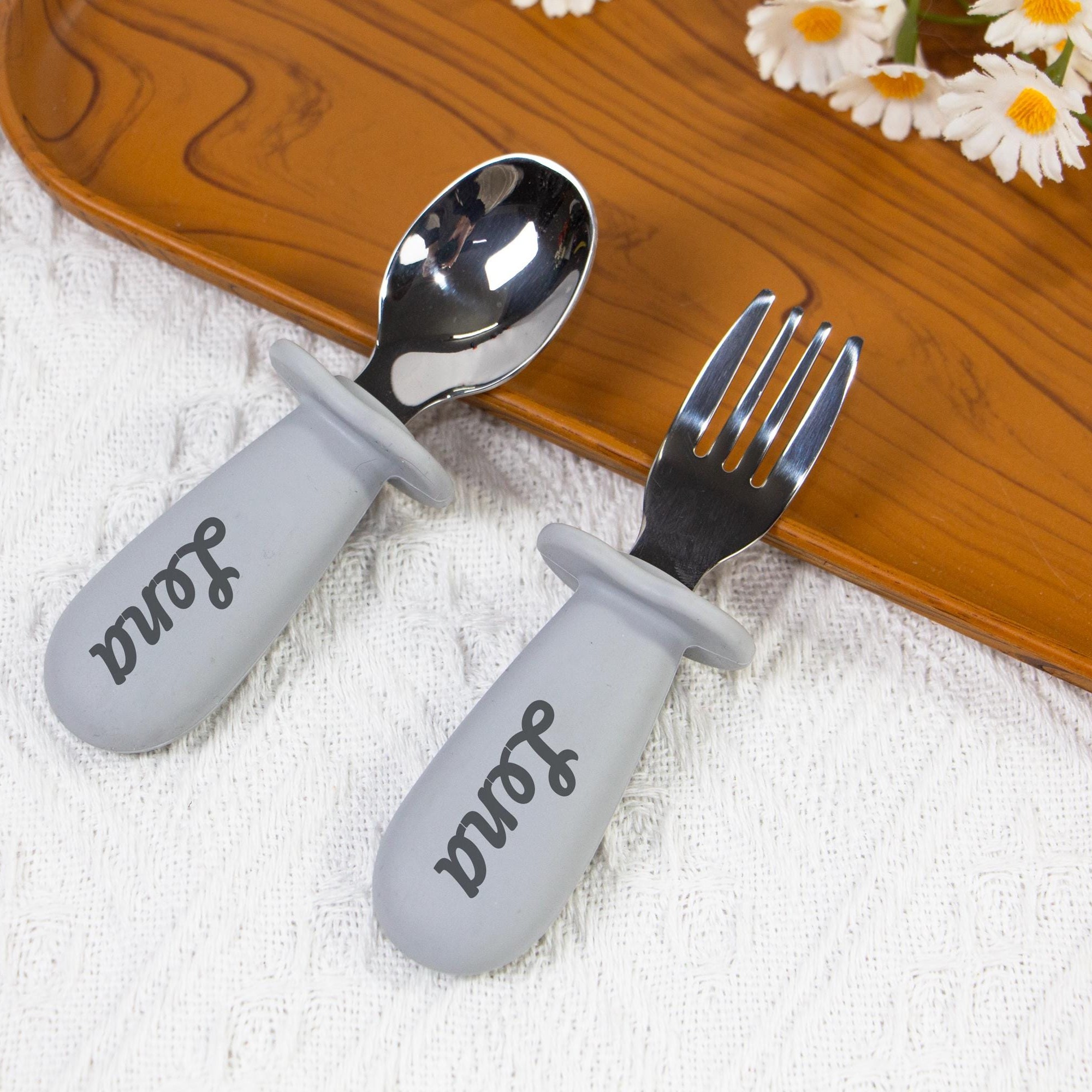 Personalised Kid Silicone Utensil Sets-Fork & Spoon  | CWBaby157