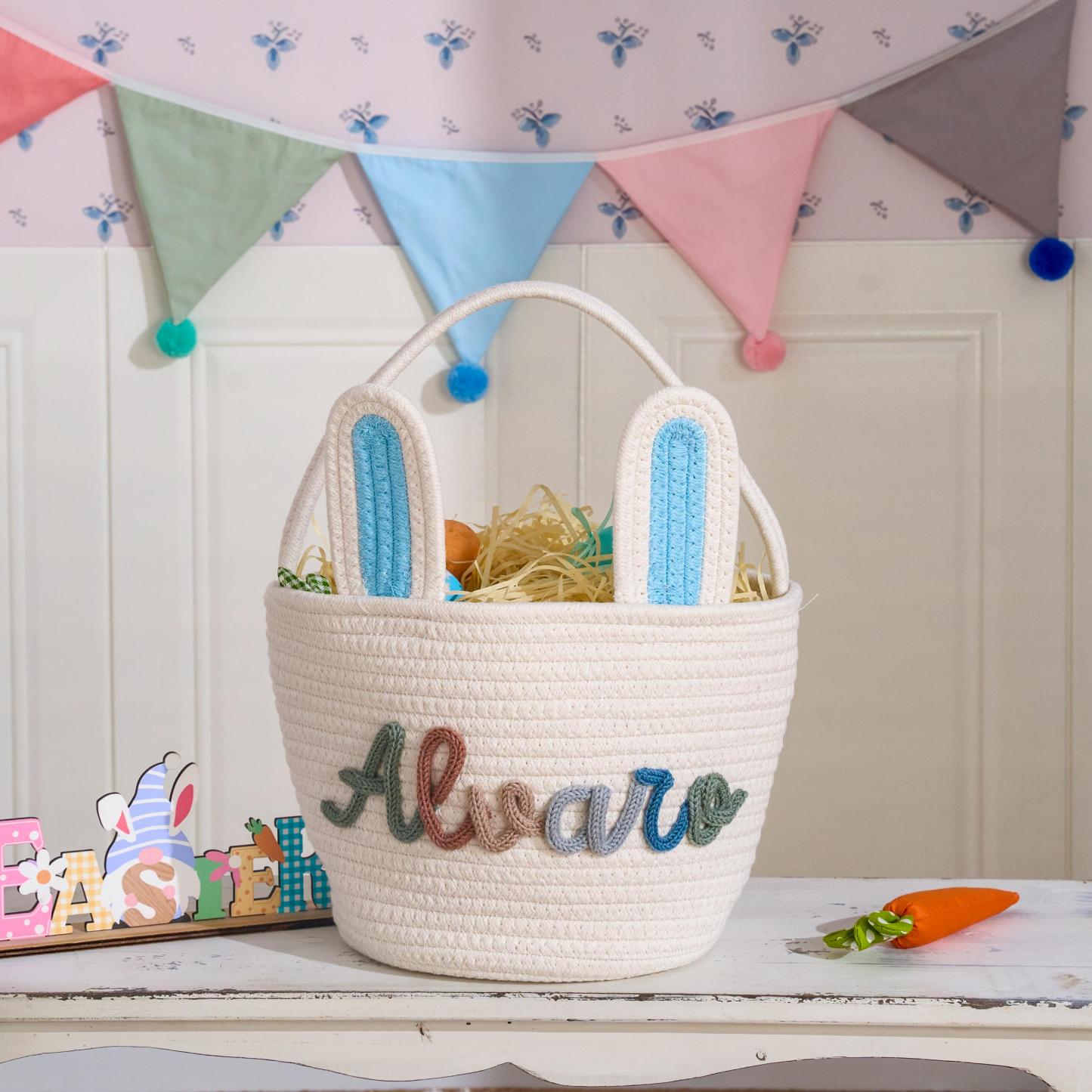 Personalized Hand-embroidered Bunny Easter Basket | CWEaster81