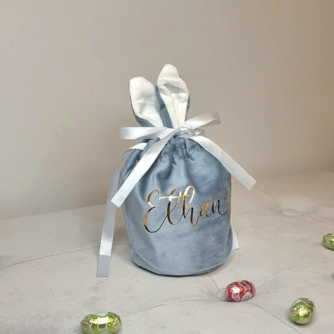 Personalized Foil Stamped Name Easter Bunny Velvet Basket | CWEaster33