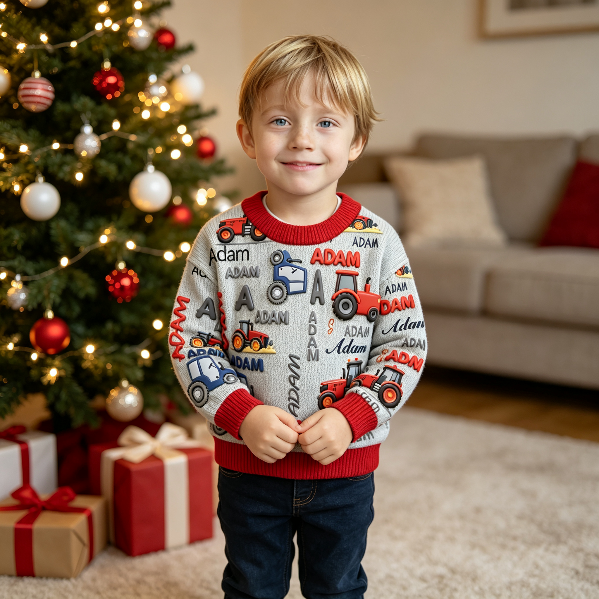 Personalized Lovely Kids Tractor Knit Sweater | CWSweater28