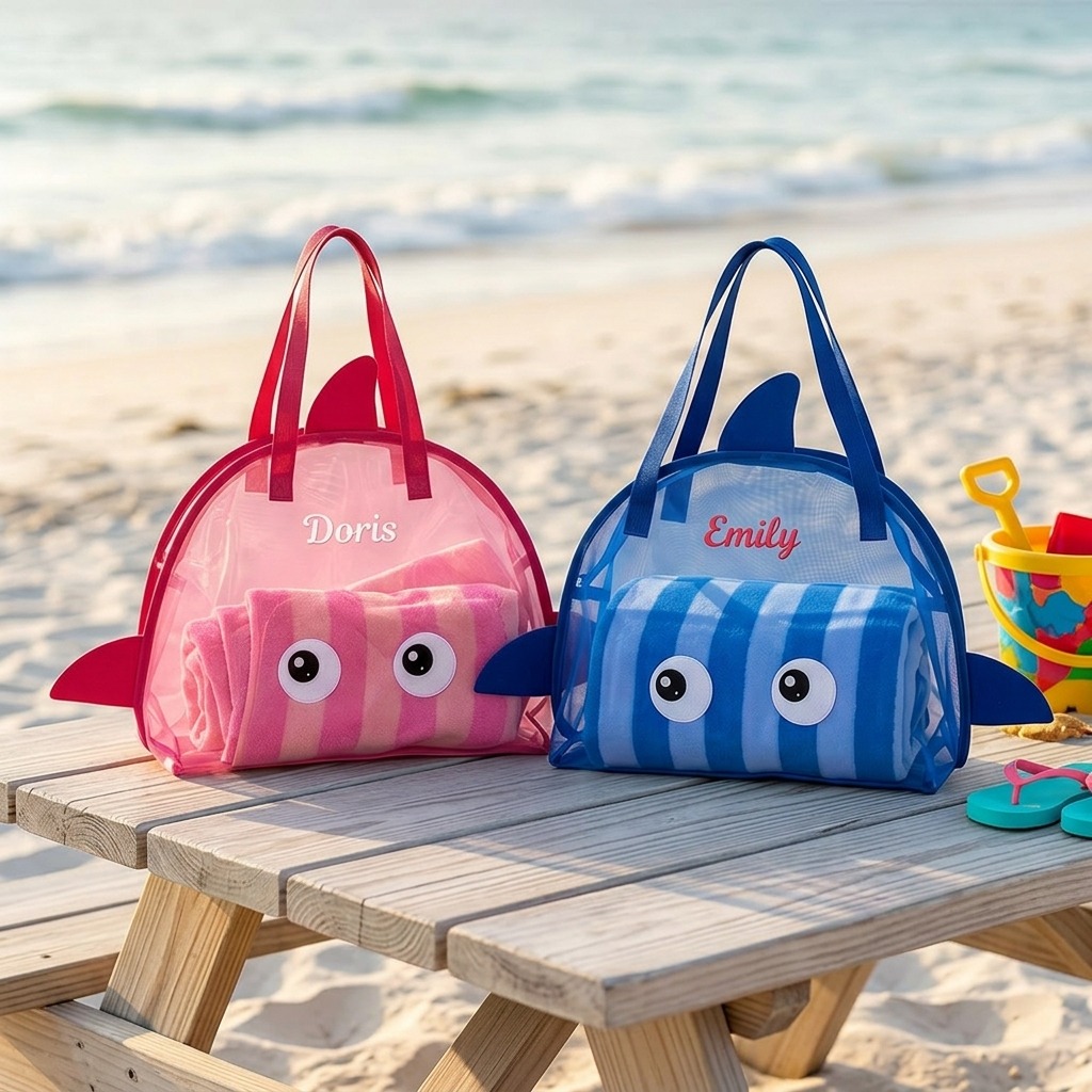 Personalized Embroidered Shark Seashell Zipper Mesh Beach Bag | CWBeach256