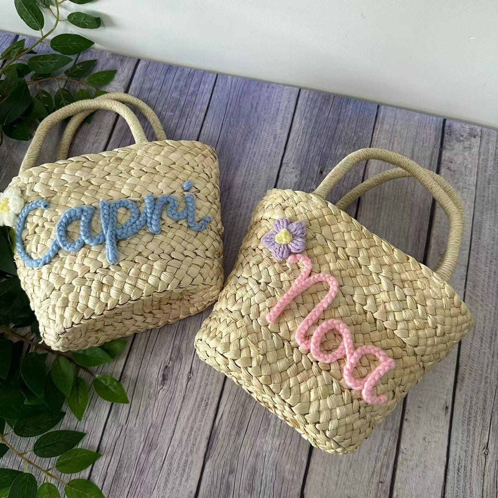 Personalized Knitted Wire Name Floral Straw Beach Bag | CWBeach145